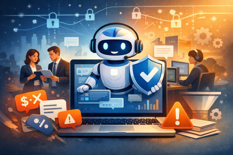 Illustration showing an AI chatbot assisting website visitors while staying accurate, on-brand, and controlled for business use